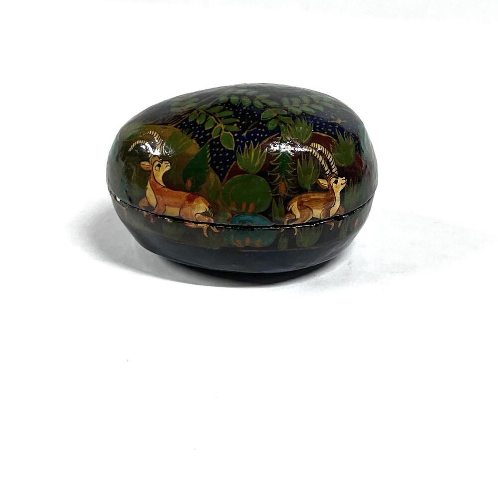 Vintage Fetco Hand Made Egg Jewelry Trinket Box From Kashmir India Deer Forest